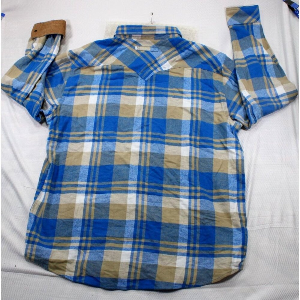 Legendary Stockyards Mens XL Plaid Flannel Shirt Blue & Tan 100% Cotton - Picture 10 of 12